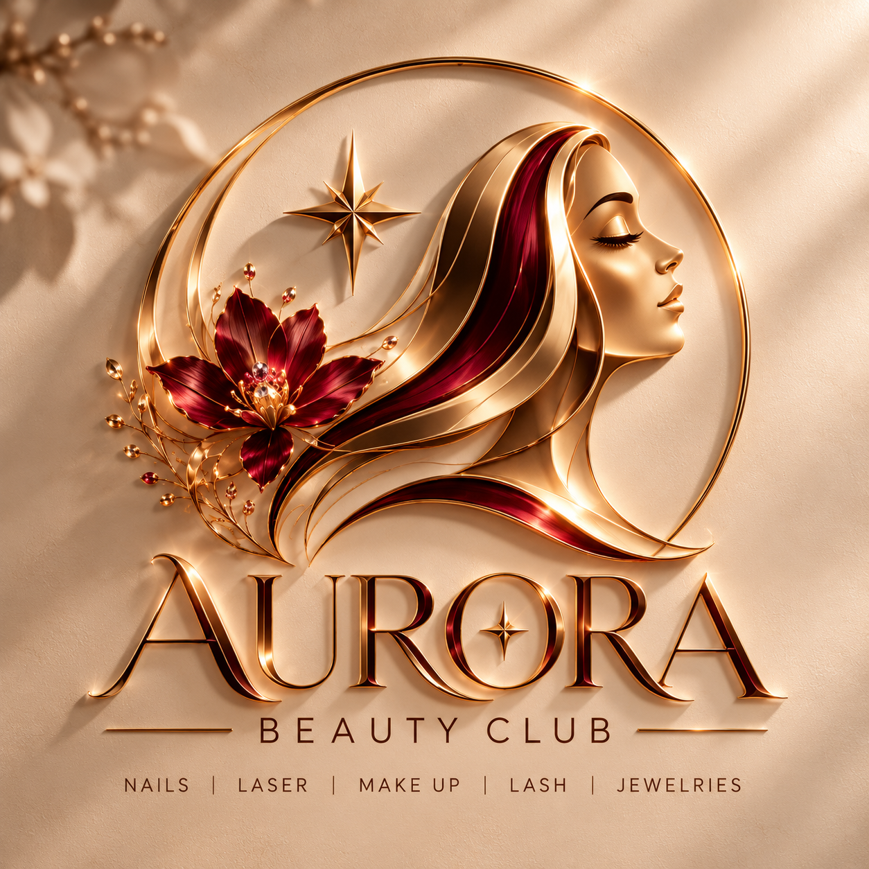 Aurora Beauty Club gold and burgundy logo